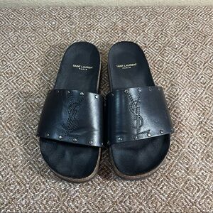 Saint Laurent Jimmy Sandals Women's Black Leather Metal Studs Logo Sz 37 US6-6.5